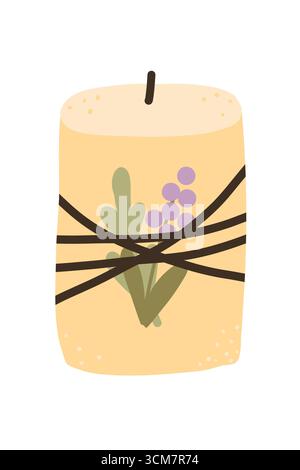 Bougie avec des fleurs, élément confortable pour la décoration intérieure. Aromathérapie à la maison, décoration de la maison hygge, illustration vectorielle Illustration de Vecteur