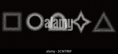 Scatters poudre forme des cadres géométriques. Poussière de sucre en triangle, formes de cercle sur fond sombre. Arc et scintillement à gradient de bruit blanc. Bakin volant Illustration de Vecteur