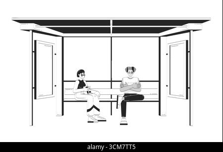 Deux jeunes adultes divers attendant à l'arrêt de bus griffent des personnages linéaires Illustration de Vecteur