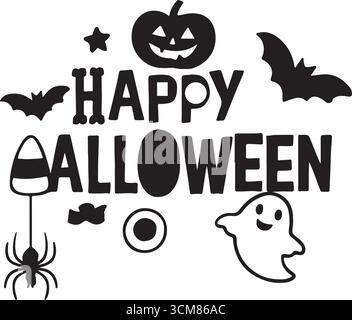 Bonne carte d'invitation de fête d'Halloween avec chapeau de sorcière effrayant de citrouille, fantôme mignon Illustration de Vecteur