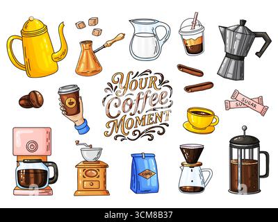 Collection complète d'illustrations de doodle dessinées à la main mettant en vedette divers articles liés au café. L'œuvre d'art numérique dynamique comprend des grains de café, tasse Illustration de Vecteur