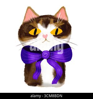chat mignon avec noeud violet dessiné à la main dans un style aquarelle Banque D'Images
