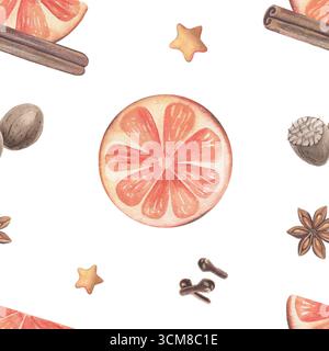 Motif sans couture, vin chaud, épices de cuisson : muscade, anis, cannelle, oranges. Illustration aquarelle peinte à la main isolée sur blanc pour l'impression Banque D'Images