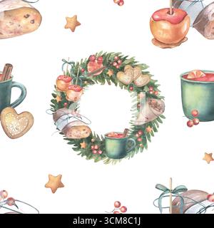 Motif de Noël sans couture avec de la nourriture de fête : couronne, vin chaud, stollen, pommes au caramel. Illustration aquarelle peinte à la main isolée sur blanc Banque D'Images
