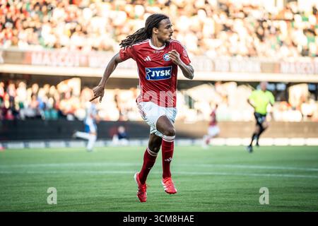 Silkeborg, Danemark. 14 septembre 2025. Robin Ostrom (3) de Silkeborg vu lors du match de Superliga 3F entre Silkeborg IF et Odense BK au Jysk Park à Silkeborg. Banque D'Images