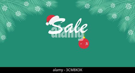 Texte de vente avec chapeau de Père Noël et boule de Noël avec modèle de réduction et format de bannière de neige de brindilles de pin. Illustration vectorielle isolée Noël promo contenu cartes de réduction, étiquettes de prix, dépliants Illustration de Vecteur