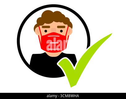 Illustration d’une personne portant un masque pour se protéger contre le coronavirus COVID-19 dans un cercle et cochez comme signe que les masques sont obligatoires Banque D'Images