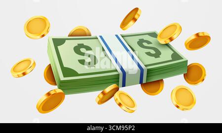 Paquet de monnaie de papier vert avec des pièces d'or. Pile de rendu 3D de dollar US. Billet de banque dollar argent dans le style de bande dessinée isolé. Illustration vectorielle Illustration de Vecteur