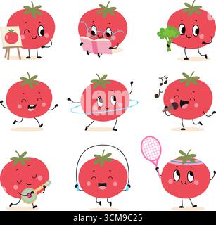 Personnages de tomate de dessin animé. Tomates rouges diverses situations, livre de lecture, jouer au tennis, chanter, musicien. Mascotte de légumes enfantins drôle de nos jours Illustration de Vecteur