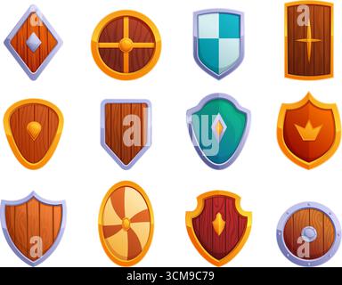 Bouclier médiéval en bois. Boucliers isolés vieux style, conception d'éléments de jeu de bande dessinée. Armure de guerriers antiques, outils de guerre pour viking, chevaliers, vecteur sapide Illustration de Vecteur