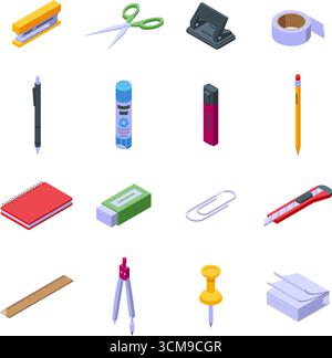 Fournitures scolaires de bureau isométriques. Icônes de papeterie isolées, ruban de ciseaux crayon stylo. Différents outils pour le travail de bureau, pour l'écriture et le dessin, astucieux Illustration de Vecteur
