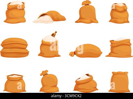 Sacs de riz de dessins animés isolés. Sac textile avec récolte de grains, éléments agricoles. Divers paquets pour le grain, sac en tas, fermer et ouvrir, sapid ve Illustration de Vecteur