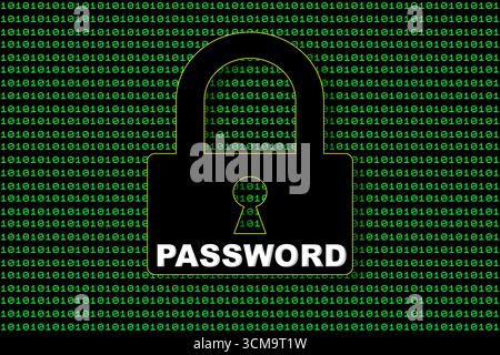 Image d'un cadenas numérique avec un mot de passe superposé, placé sur un fond vert rempli de code binaire Banque D'Images