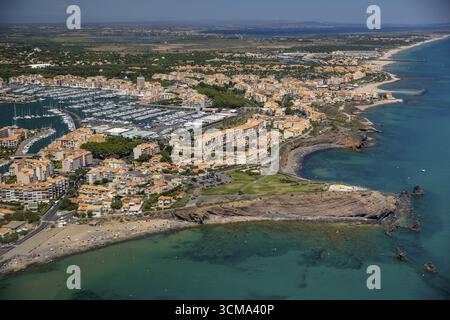 Côte et plage du Cap d'Agde, Agde, France, Languedoc-Roussillon, France, Europe, vue aérienne, vue plongeante, photographie aérienne, photographie aérienne Banque D'Images