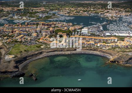 Plage Noire la Grande Conque, côte et plage du Cap d'Agde, Agde, France, Languedoc-Roussillon, France, Europe, vue aérienne, vue plongeante, aérienne Banque D'Images