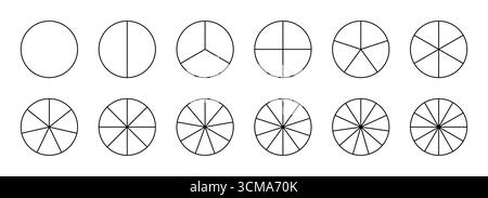 Pièces de la roue de diagramme de 1 à 12. Modèle de graphique circulaire. Encadrement vide. Graphiques segmentés. Les secteurs divisent le cercle sur des parties égales. Contour noir Illustration de Vecteur