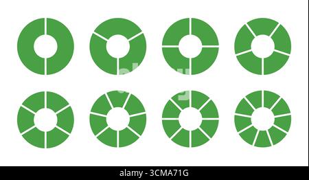 Diagrammes divisés en rond de roue avec deux, trois, quatre, cinq, six, sept, huit, neuf segments. Division circulaire verte sur 2, 3, 4, 5, 6, 7, 8, 9 égaux Illustration de Vecteur