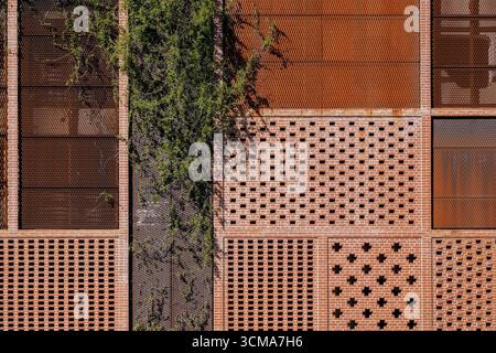 Copenhague, Danemark. Gros plan du parking à plusieurs étages Ejler-bille conçu par les architectes JAJA. Un motif patchwork de brique et de métal extensible fournit un espace pour le bâtiment et la nature pour interagir. Les vignes sont capables de pousser sur le métal extensible. Banque D'Images