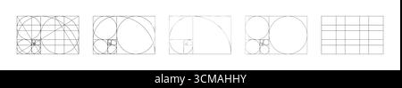 Grand ensemble de modèles Golden ratio. Méthode des échantillons noirs de section dorée. Tableau de Fibonacci, formes de nombres. Collection de cadres Harmony proportions. Contour Illustration de Vecteur