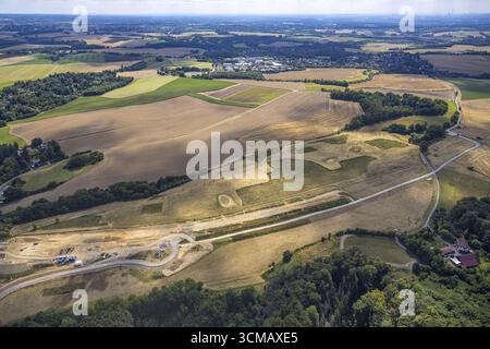 Vue aérienne, voie de desserte vers le chantier Angerbachtalbruecke, nouveau tronçon autoroutier de l'A44, comblement de l'écart entre Ratingen-Ost et Velbert, Banque D'Images