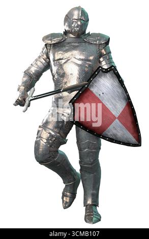 Illustration 3D très détaillée d'un chevalier médiéval en armure argentée, tenant une épée et un bouclier héraldique rouge et argent. Parfait pour la fantaisie, Banque D'Images