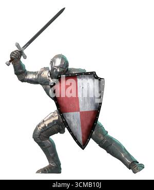 Illustration 3D très détaillée d'un chevalier médiéval en armure argentée, tenant une épée et un bouclier héraldique rouge et argent. Parfait pour la fantaisie, Banque D'Images