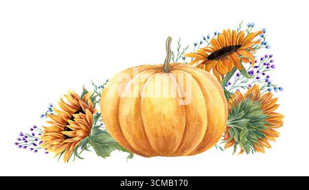 Aquarelle jaune orangé citrouille, tournesols et illustration de fleurs de prairie sur fond isolé. Légumes d'automne, fleurs sauvages. Floral dessiné à la main Banque D'Images