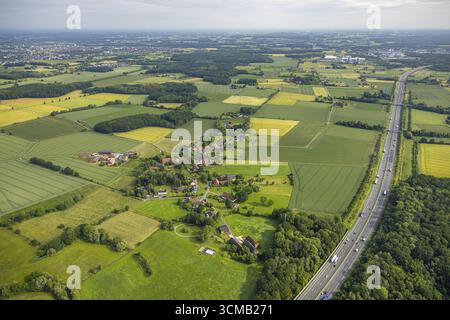 Vue aérienne, prairies et champs, quartier de Voeckinghausen sur l'autoroute A2, Uentrop, Hamm, région de la Ruhr, Rhénanie du Nord-Westphalie, Allemagne, autoroute, d Banque D'Images