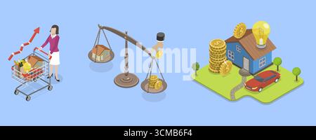 Illustration plate isométrique 3D du coût de la vie, de l'augmentation du coût des aliments et du prix de l'épicerie Banque D'Images