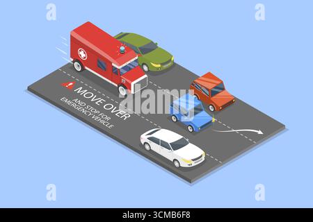 Illustration plate isométrique 3D du véhicule d'urgence, conseils et règles de conduite Banque D'Images