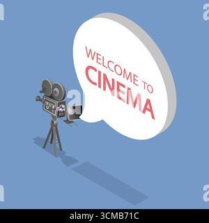 Illustration plate isométrique 3D de l'heure du film, de la cinématographie ou de l'industrie du film Banque D'Images