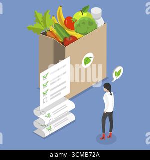 Illustration plate isométrique 3D d'une alimentation saine abordable, budget d'épicerie Banque D'Images