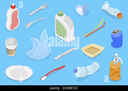 Ensemble plat isométrique 3D de déchets plastiques, pollution de l'environnement Banque D'Images
