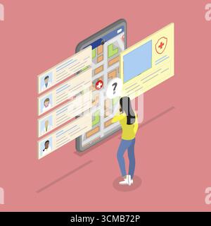 Illustration plate isométrique 3D d'un hôpital de recherche de personnes, d'un centre médical de localisation de personnes Banque D'Images