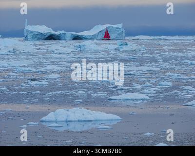 Petit voilier rouge naviguant parmi les icebergs flottants dans la mer arctique gelée sous ciel nuageux. Banque D'Images