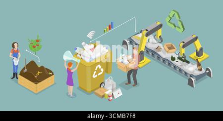 Illustration plate isométrique 3D de la gestion des ordures, recyclage efficace des déchets pour Eco future Banque D'Images