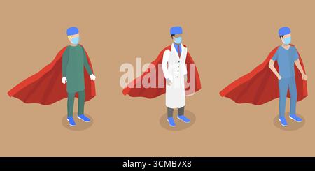 Illustration plate isométrique 3D de Doctor Super Hero, travailleurs hospitaliers professionnels Banque D'Images