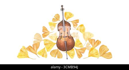 Contrebasse brune sur gingko biloba doré feuilles d'aquarelle illustration sur fond isolé. Instrument de musique classique, feuille d'arbre d'automne. Banque D'Images