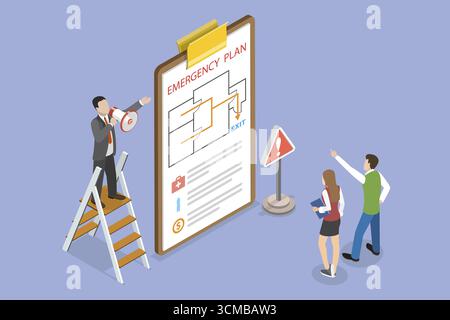 Illustration plate isométrique 3D de la carte d'urgence, procédure d'évacuation du bureau Banque D'Images