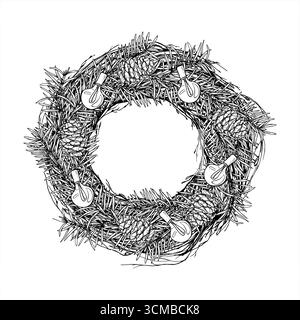 Couronne d'épinette vectorielle monochrome décorée de cônes et de lampes en verre dessinent le contour. Illustration d'encre de ligne de pin de Noël et de lumières. Pour les vacances Illustration de Vecteur