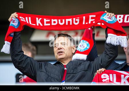 Silkeborg, Danemark. 14 septembre 2025. Les fans de football de Silkeborg SONT vus sur les gradins lors du match de 3F Superliga entre Silkeborg IF et Odense BK au Jysk Park à Silkeborg. Crédit : Gonzales photo/Alamy Live News Banque D'Images
