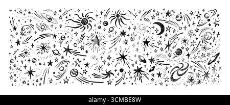 Fond d'espace de crayon grunge dessiné à la main. Écriture manuscrite au crayon ligné. Lune, Soleil, Terre, planètes Saturne, étoiles filantes, météore, amas d'étoiles, comètes, a. Illustration de Vecteur