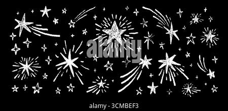 Étoile de crayon dessinée à la main, scintillement, clignotement, scintillement, fond scintillant. Étoiles filantes et comètes dessin à la craie sur le tableau noir. Griffonnages pastel. Illustration de Vecteur