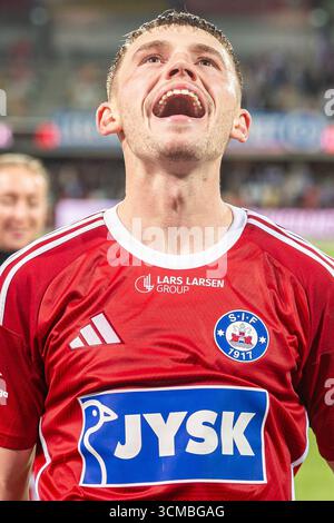 Silkeborg, Danemark. 14 septembre 2025. Callum Mccowatt de Silkeborg vu après le match de Superliga 3F entre Silkeborg IF et Odense BK au Jysk Park à Silkeborg. Crédit : Gonzales photo/Alamy Live News Banque D'Images