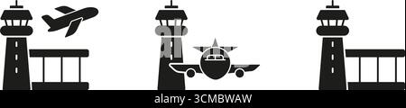 Icône solide pour la tour de contrôle de l'aéroport et l'avion. Symbole de silhouette de gestion de l'aviation, d'opérations aériennes et de contrôle du trafic aérien. Voyage et Illustration de Vecteur