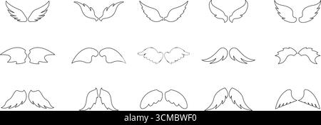 Jeu d'icônes de ligne Angel Wings symétriques. Collection de formes d'aile spirituelle représentant l'Ascension, le mouvement céleste, la liberté et le symbole de protection Illustration de Vecteur