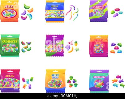 Packs de bonbons gummies. Bonbons gelés dans des sacs en plastique vibrants. Gommeux différentes formes vers fruits porte baies poissons. Snack sucré, aujourd'hui clipart vectoriel Illustration de Vecteur