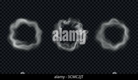 Vecteurs réalistes anneaux de fumée, effet de vapeur rond. Cercles de brouillard, brouillard coulant isolé sur fond transparent Illustration de Vecteur