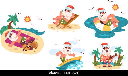 santa d'été. Dessin animé claus sur la plage tropicale avec palmier en juillet, drôle de bronzage caractère surf détente piscine vacances hawaï vacances de noël mascotte s Illustration de Vecteur
