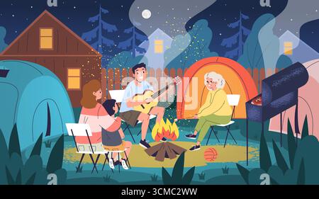 Camping dans la cour arrière. Camp de nuit en famille dans le jardin, les parents avec les enfants assis autour du feu de camp et de la tente, mère père fils grand-mère staycation à l'extérieur ho Illustration de Vecteur